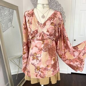 Early 2000's Butterfly Pink Brown Paisley Mesh Flare 3/4 Sleeve Top Plus 22 / 2X